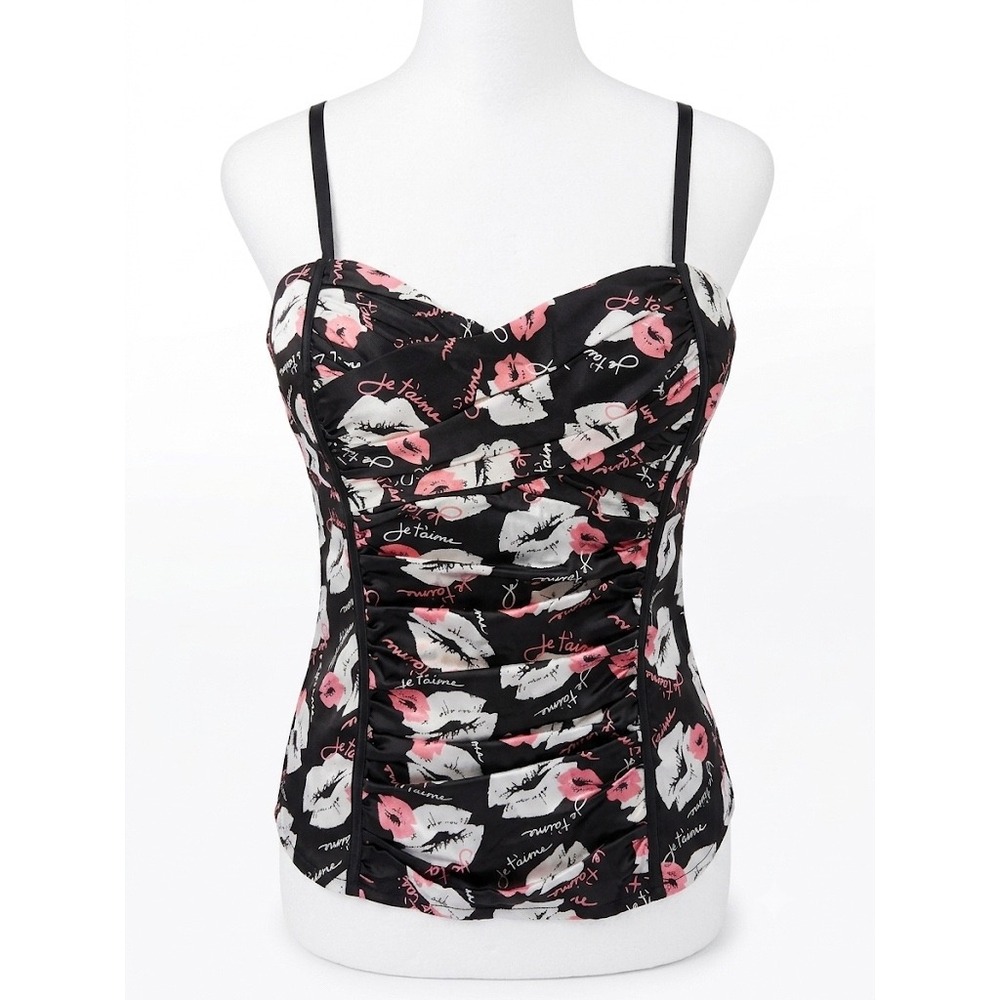 Vintage Bebe Y2K Silk Ruched "Je T'aime" Lip Print Cami Top Bustier • Size S